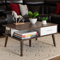 Baxton Studio CT 1780-00-Columbia/White-CT Merlin Mid-Century Modern Two-Tone Walnut and White Finished 2-Drawer Wood Coffee Table